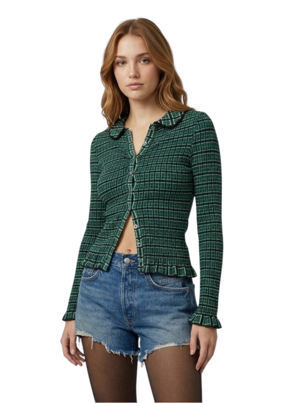 Free People Green Plaid Caught A Feeling Smocked Button-Up Top